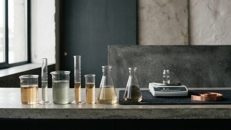 Frascos de insumos con distintos niveles de liquido junto a una balanza de precision, representando el control de rangos aceptables por ingrediente