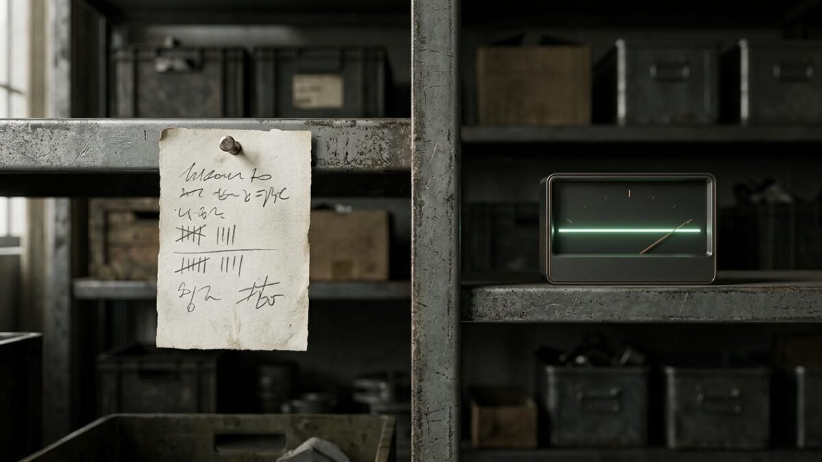 Panel de control de inventario con indicador de nivel bajo junto a un telefono mostrando un mensaje de aviso