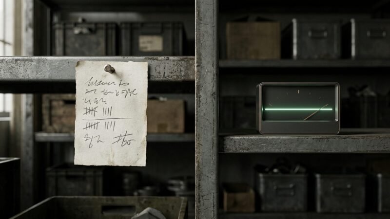 Panel de control de inventario con indicador de nivel bajo junto a un telefono mostrando un mensaje de aviso
