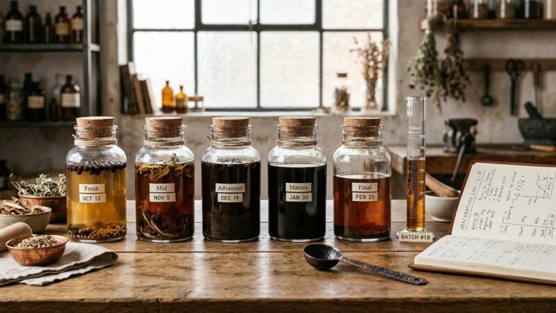 Frascos de maceracion con botanicos de vermut en distintas etapas de reposo, junto a un cuaderno de registro de volumenes