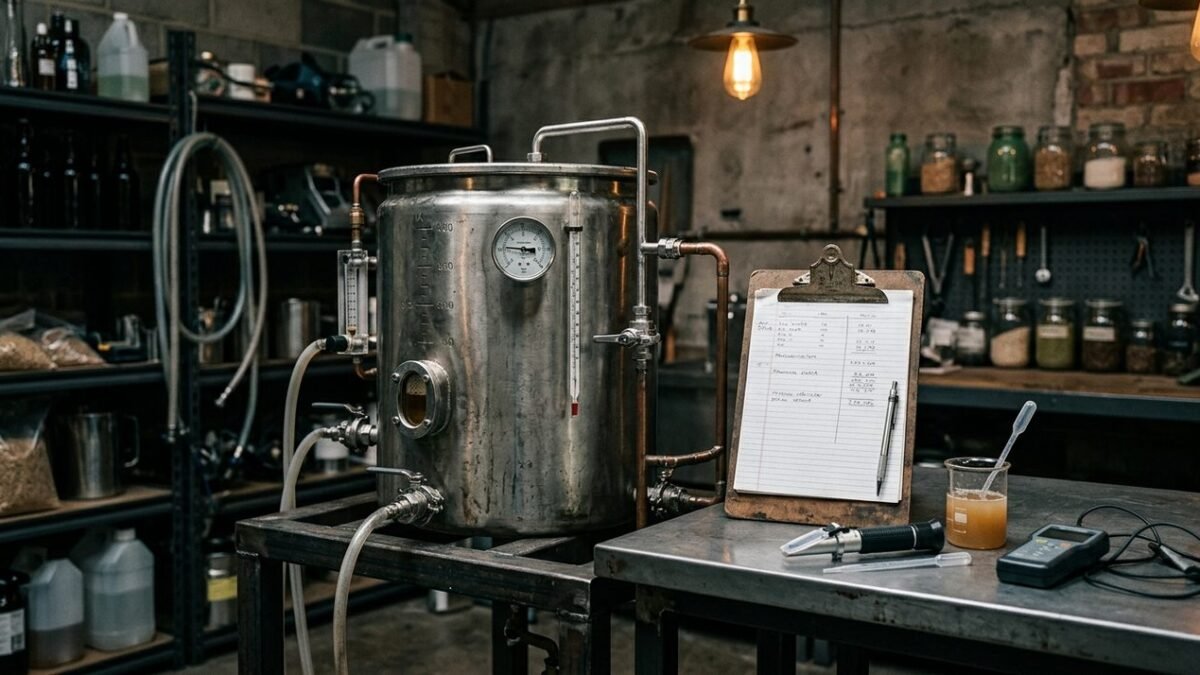 Tanque de produccion artesanal con instrumentos de medicion durante una segunda etapa de correccion de un lote