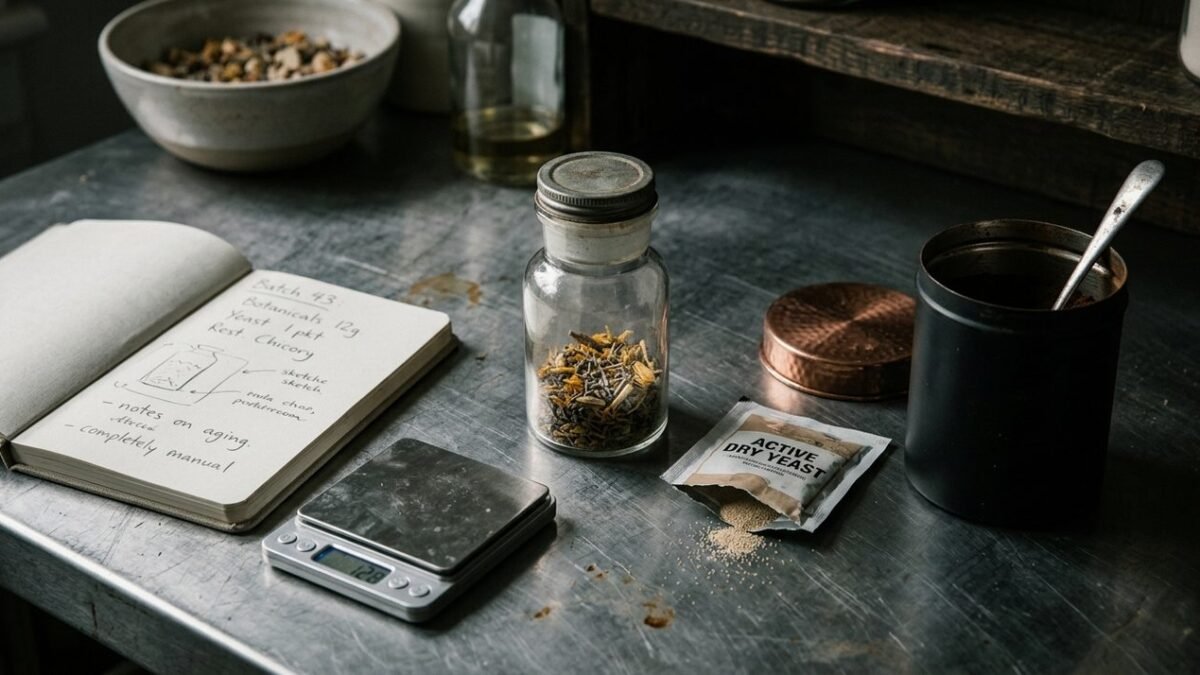 Frascos con restos parciales de insumos junto a una balanza y una libreta de registro en un espacio de produccion artesanal