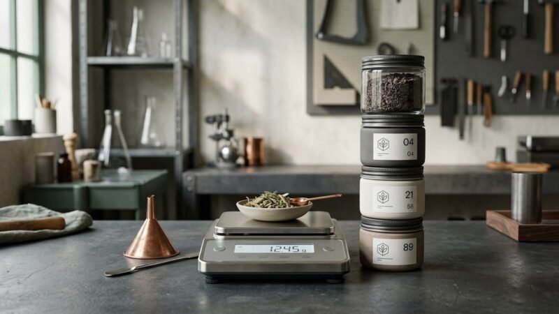 Balanza de precision junto a bolsas de insumos y una planilla de registro de stock en un taller de produccion artesanal