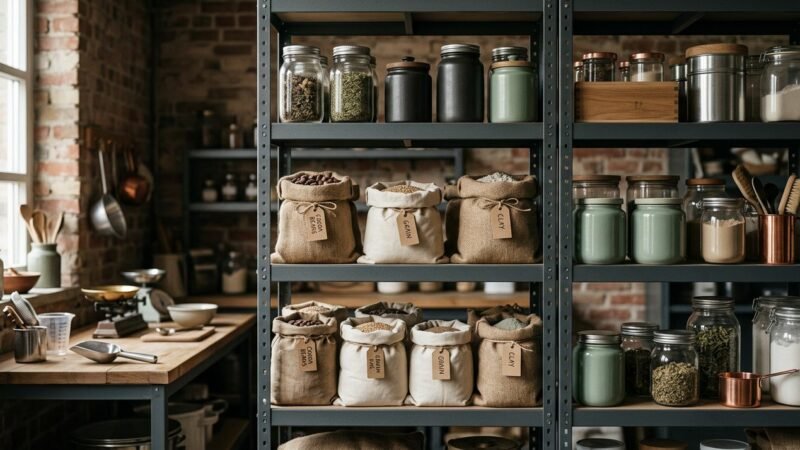 Estanteria de insumos de produccion artesanal con bidones y bolsas ordenados por nivel de stock
