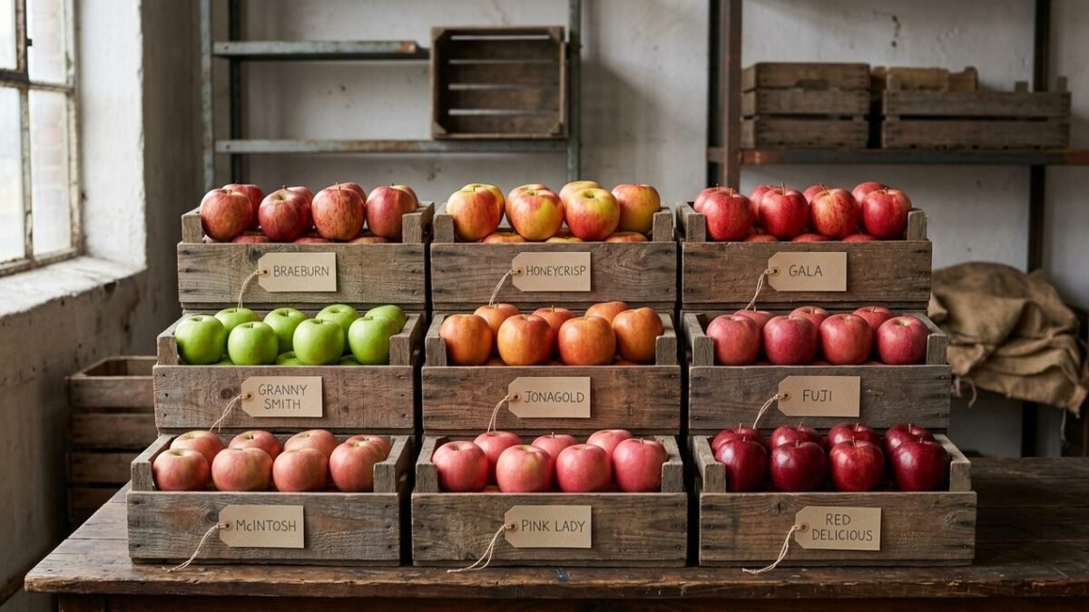 Cajones de manzanas de distintas variedades organizados por lote antes de ser prensados para sidra