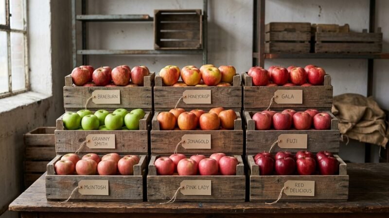 Cajones de manzanas de distintas variedades organizados por lote antes de ser prensados para sidra