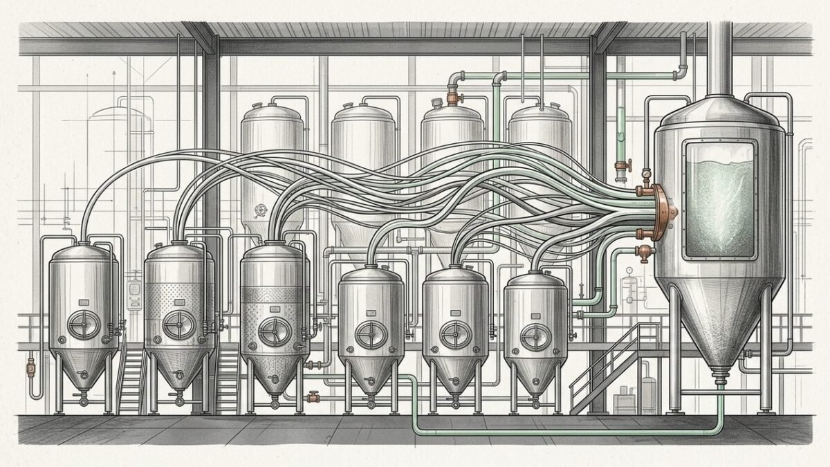 Tanques de cerveceria conectados por lineas que representan el aporte porcentual de cada coccion a un lote final