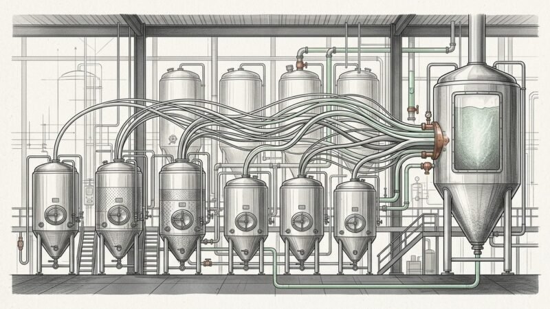 Tanques de cerveceria conectados por lineas que representan el aporte porcentual de cada coccion a un lote final