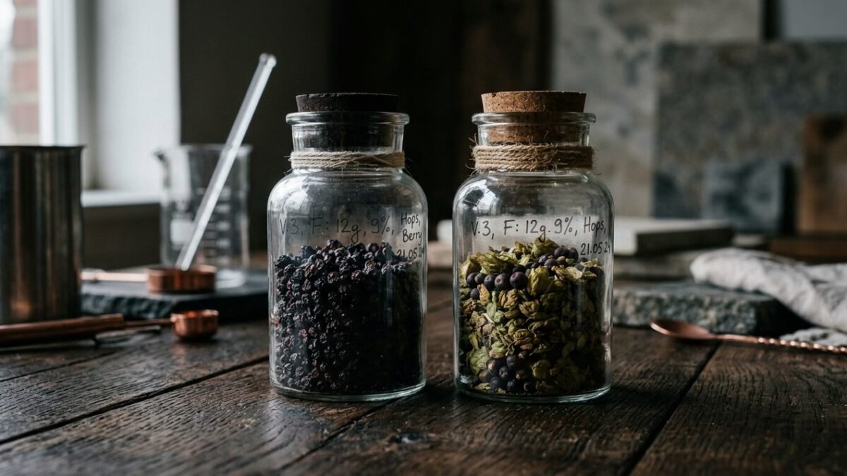 Dos frascos de insumos de origenes distintos junto a una ficha de formulacion con anotaciones de version