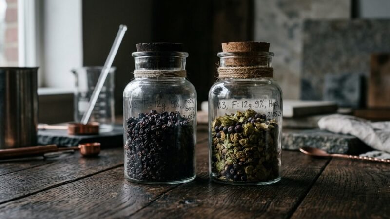Dos frascos de insumos de origenes distintos junto a una ficha de formulacion con anotaciones de version