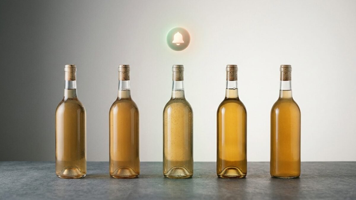 Botellas de kombucha y sodas artesanales ordenadas por fecha de vencimiento junto a un telefono con un aviso de WhatsApp