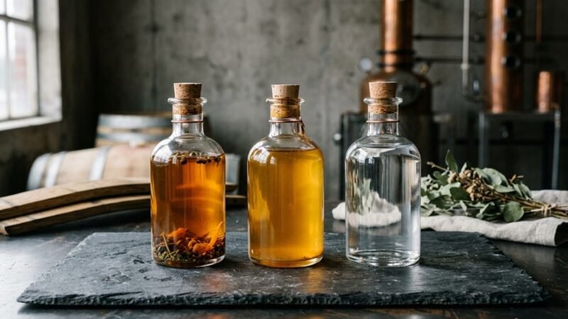 Tres recipientes de vidrio con macerado, jarabe y alcohol base etiquetados con fechas distintas antes de mezclarse en un lote de licor
