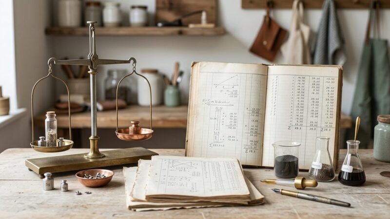 Balanza y anotaciones tecnicas representando el calculo de costos de un lote de produccion artesanal