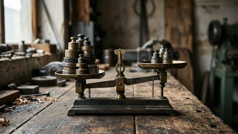 Balanza de precision comparando dos pilas de monedas de distinto tamano sobre una mesa de trabajo de produccion artesanal