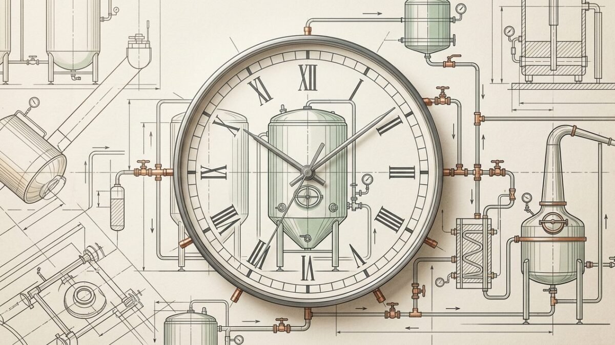 Reloj y engranajes superpuestos sobre planos de una planta de produccion representando el costo del tiempo de uso de los equipos