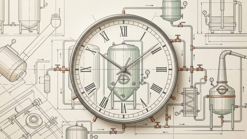 Reloj y engranajes superpuestos sobre planos de una planta de produccion representando el costo del tiempo de uso de los equipos