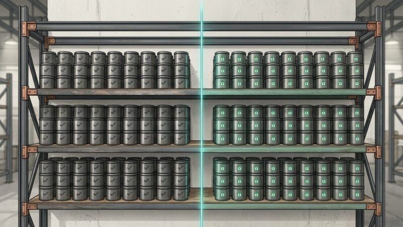 Dos lotes de produccion programados en paralelo con un mismo insumo compartido, representado como un deposito dividido entre stock libre y stock reservado