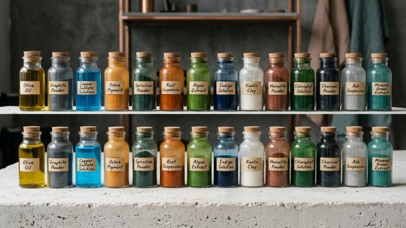 Tabla de conversion entre insumos originales y sustitutos junto a frascos de materia prima en un obrador artesanal