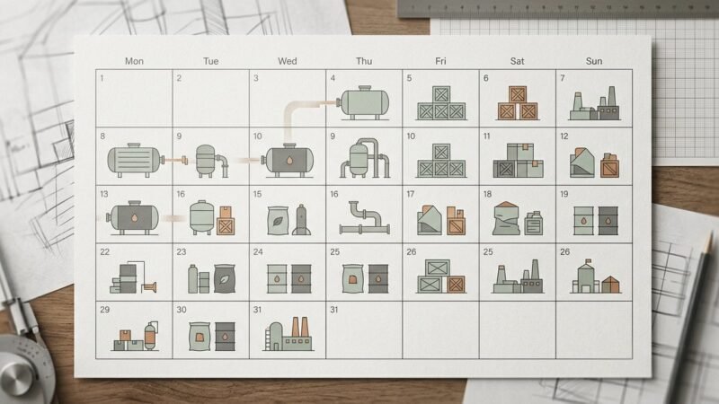 Calendario de produccion con marcadores sobre tanques y cajas de insumos representando la planificacion mensual de lotes