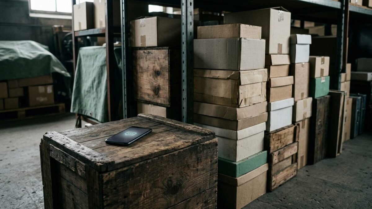 Telefono con un chat de WhatsApp junto a cajas de insumos apiladas en un deposito, representando la distancia entre el acuerdo y el registro de stock
