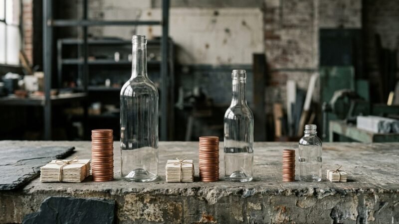 Botellas de distintos formatos alineadas junto a etiquetas y tapas separadas por grupo, representando el reparto de costo de un lote entre presentaciones