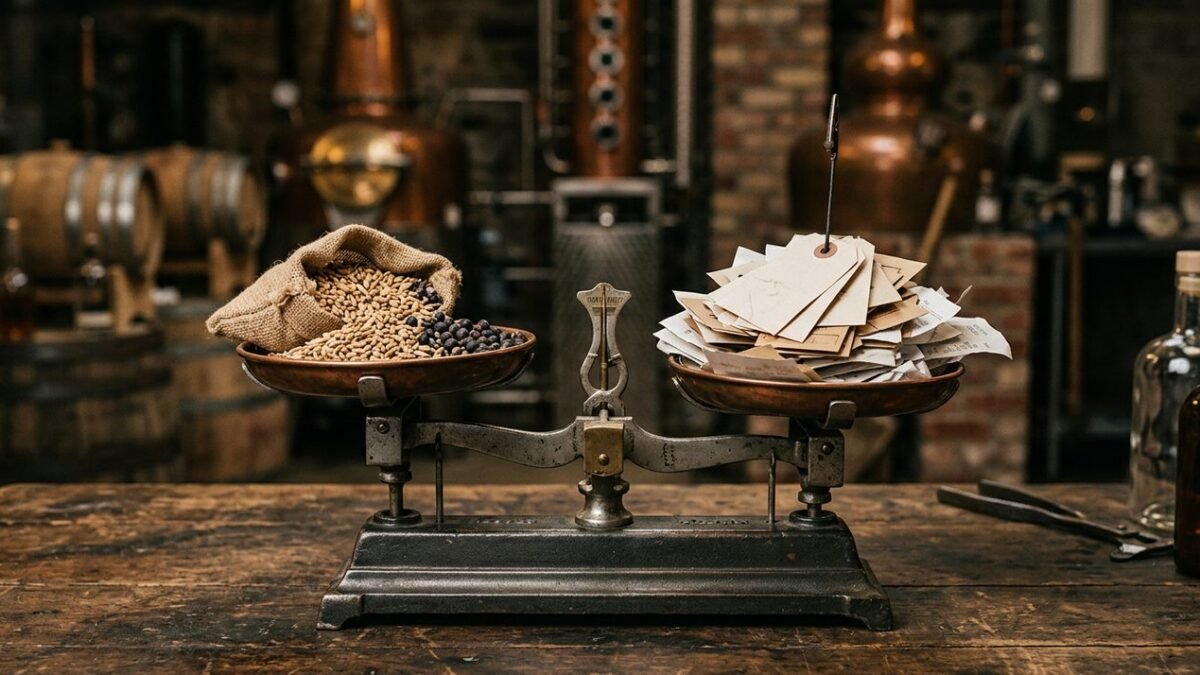 Balanza de precision con insumos y una hoja de formulacion junto a una factura de compra