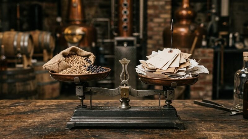 Balanza de precision con insumos y una hoja de formulacion junto a una factura de compra